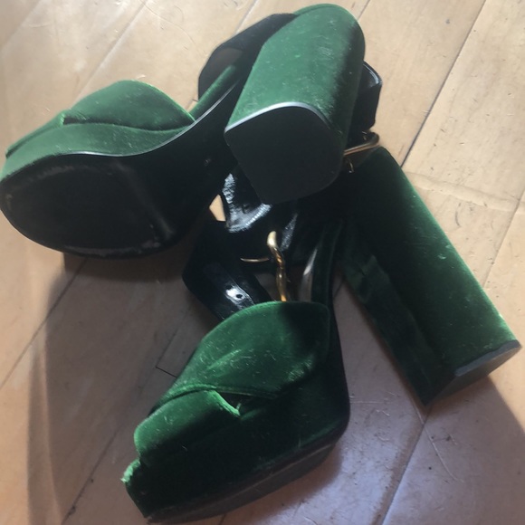 PRADA
Velvet Platform Sandals In Green/Black 391/2 - Picture 12 of 16